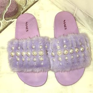 Purple furry embellished slip on